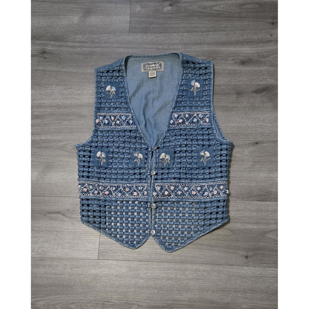 Vtg Tantrum Blues Floral Embroidered Woven Denim Vest Large Cottagecore 90s‎